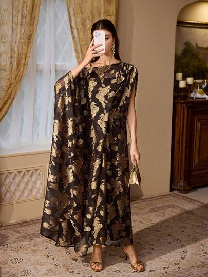 Elegant Women's Gold Floral Print Robe, Round Neck Batwing Sleeve, Non-Stretch Asymmetrical Formal Dress, Soft And Comfortable