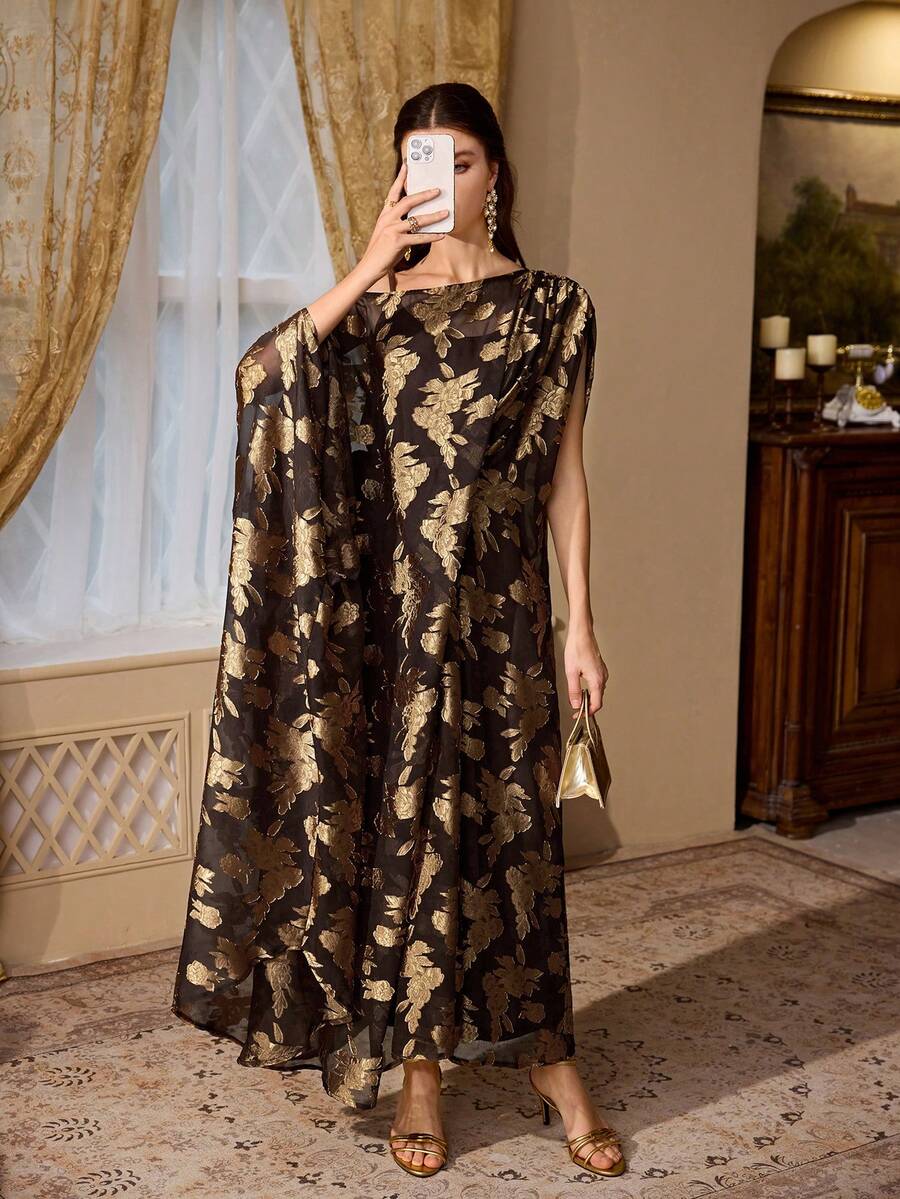 Elegant Women's Gold Floral Print Robe, Round Neck Batwing Sleeve, Non ...