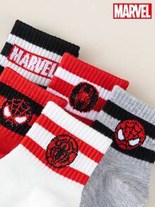Marvel 1/5 双装男童蜘蛛侠超级英雄图案短袜，春夏轻薄款，透气吸汗速干防滑，舒适透气，酷炫新潮休闲街头风，中筒袜，适合日常穿着、返校季、校服、复活节假期、生日礼物等。漫威蜘蛛侠蛛网印花红黑撞色图案，儿童时尚学生运动袜，必备时尚单品，送给男孩的完美礼物。 - 彩色 - 查看 5