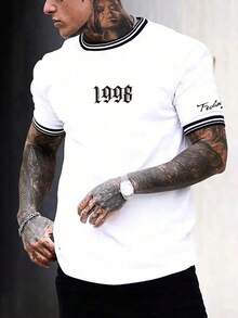 Manfinity Homme Men's Crew Neck T-Shirt With Contrast Stripes And Number Print - White - View 1