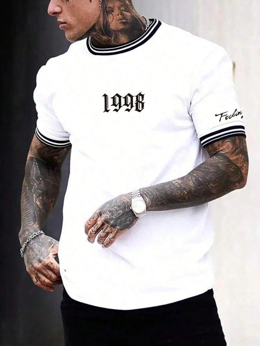 Manfinity Homme Men's Crew Neck T-Shirt With Contrast Stripes And Number Print - White - View 1
