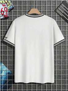 Manfinity Homme Men's Crew Neck T-Shirt With Contrast Stripes And Number Print - White - View 2