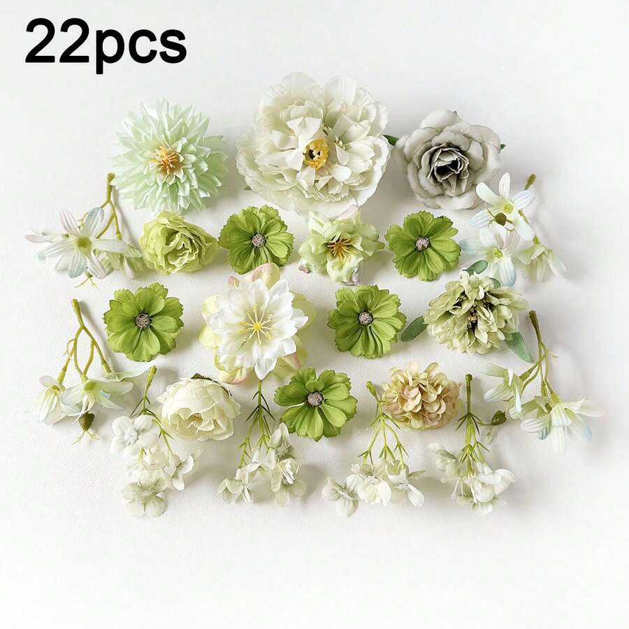 22个仿真花头,多色仿真牡丹雏菊玫瑰丝绸雏菊花头,适用于工艺花环、婚礼派对、DIY、家居装饰 - 綠色 - 查看 1