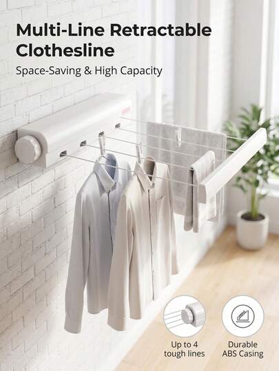 חבל כביסה נשלף עם 4 חבלים, מתלה ייבוש פלסטיק עמיד המותקן על הקיר עם ווים למגבות, מתלה ייבוש נייד לשימוש פנימי וחיצוני, פתרון אחסון קומפקטי וחוסך מקום לכביסה, ארגון תלייה רב תכליתי, מושלם לדירה, מעונות, מרפסת, פטיו, גינה, חדר שינה, חדר אמבטיה, מטבח, רב תכליתי, ביתי, חיוני, מערכת ייבוש יעילה