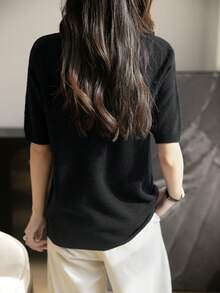 女士100%美利奴羊毛T恤 春季一体式无缝针织衫 休闲穿搭 女士春夏高领短袖套头衫 新款羊毛T恤 - 黑色 - 查看 2