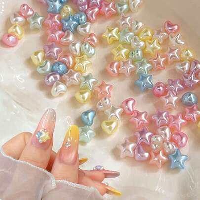 50 chiếc charm móng tay 3D hình ngôi sao và trái tim nhiều màu sắc, đá trang trí móng tay acrylic dễ thương phong cách Y2K, đá trang trí móng tay hiệu ứng ngọc trai óng ánh nhiều màu sắc, phụ kiện trang trí móng tay tự làm cho mùa hè và mùa xuân, phụ kiện nghệ thuật móng tay phong cách ngọt ngào dành cho tiệm nail và sử dụng tại nhà.
