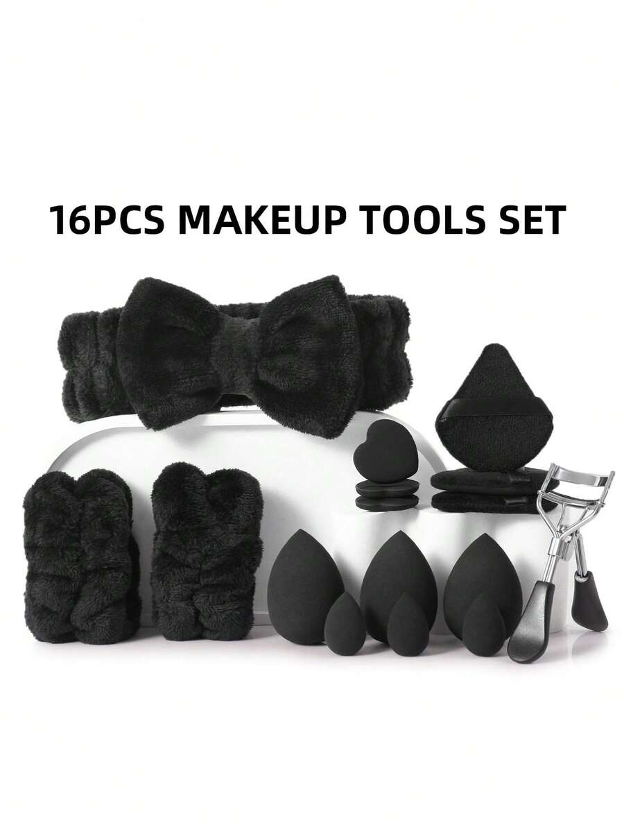 16PCS Makeup Tools Set Including:1pc Hairband+2PCS Hand Bowl Strap+3PCS Triangle Powder Puffs+3PCS Makeup Sponges+3PCS Mini Makeup Sponges+3PCS Mini Air Cushion Powder Puffs+1pc Eyelash Curler - Black - View 1