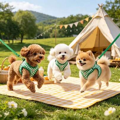 春季新款格子图案狗狗胸背带牵引绳套装，宠物用品，幼犬必备，采用柔软透气的网眼面料，背部圆形环扣设计，增强稳定性，尺寸可调节，适合小型犬——时尚舒适，是日常散步和训练的理想之选。不勒脖子，不刺激腋下，胸部贴合设计，对幼犬/小型犬友好，夏季凉爽，四季皆宜，适合不同体型，适合瘦犬，防逃脱，经久耐用。