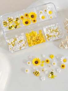 Set de decoración de uñas de verano con 6 ranuras, girasoles, abejas 3D y margaritas, accesorios DIY de uñas para chica dulce, dijes para uñas - Multicolor - Ver 4