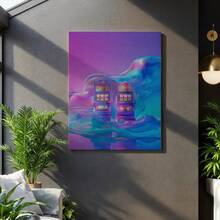 1Pc Framed Canvas Neon Slot Machine Canvas, Vaporwave Casino Wall Art, Retro Gaming Print, Colorful Abstract Decor, Futuristic Artwork For Game Room Canvas Wall Art Printed Posters, 2D Flat, Canvas Wall Art, Suitable For Wall Decoration In Living Rooms, Bedrooms, Bathrooms, Corridors And Kitchens, With Wooden Picture Frame - 有框架 - 查看 1