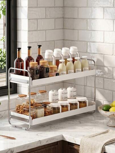 Giỏ đựng đồ treo tường, giá đựng đồ nhà bếp, phòng tắm, kệ đựng gia vị, đồ trang trí nhà cửa, màu trắng, hai tầng, giá đựng gia vị, lọ dầu ăn, chất liệu thép carbon chống gỉ.