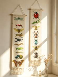 1pc/2pcs Insect Pattern Tapestry, Vintage Plant & Insect Illustration Scroll, Tasseled Boho Style Vertical Tapestry, Retro Bug Print Wall Art, Bohemian Style Wall Decor, Nature Inspired Art Hanging - Multicolor - View 7