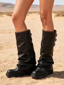 Botas altas hasta la rodilla con plataforma, puntera redonda, de caña ancha, de tacón grueso y bajo, con hebilla, cómodas y casuales para mujer - Negro - Ver 11