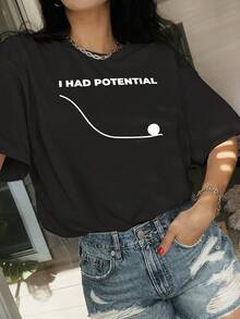 I Had Potential Printed T-Shirts.Easy And Fresh-Looking Short-Sleeve Tops.Comfortable And High-Quality Spring And Summer Tops.Perfect For Everyday Fashion.And A Great Gift For Womenvacation Outfits Women 57JC - 黑色 - 查看 1