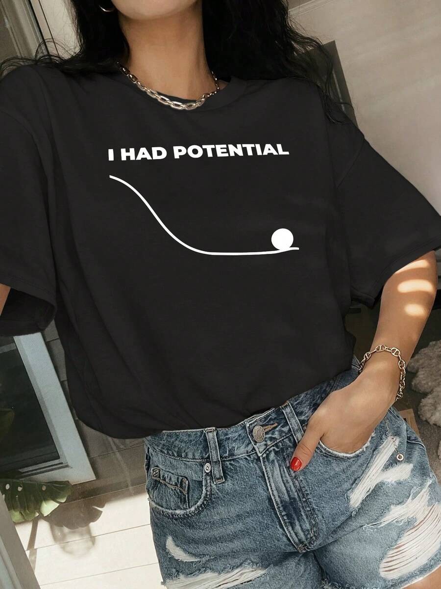 I Had Potential Printed T-Shirts.Easy And Fresh-Looking Short-Sleeve Tops.Comfortable And High-Quality Spring And Summer Tops.Perfect For Everyday Fashion.And A Great Gift For Womenvacation Outfits Women 57JC - 黑色 - 查看 1