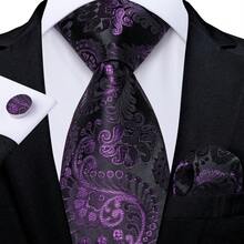 男士佩斯利花纹领带套装 - 包括口袋巾、袖扣和金色领带夹，适合正式场合穿着 - 紫色 - 查看 5