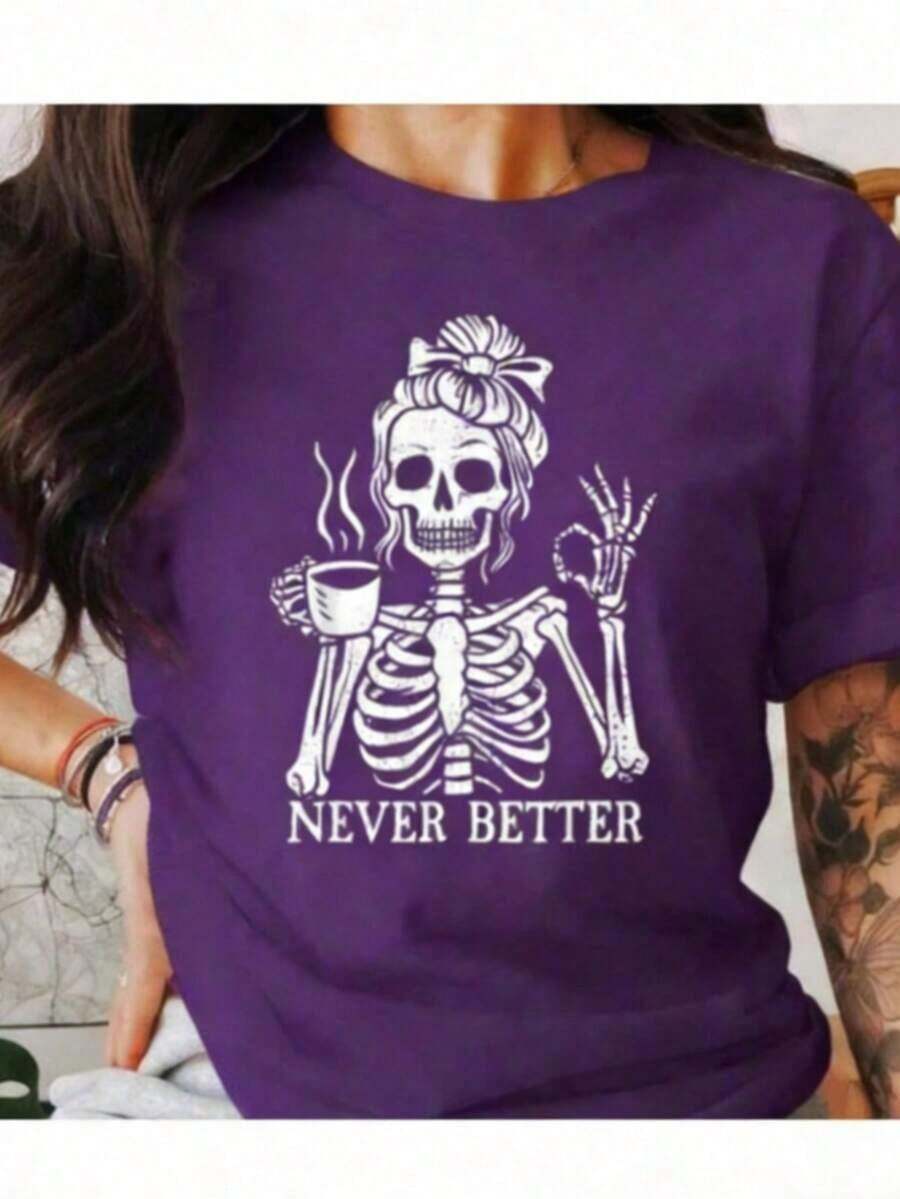 Skeleton Coffee Lover Shirt, Never Better Funny Skeleton, Halloween Skeleton Graphic Tee, Gothic Skeleton Design 100% Comfortable Cotton Graphic Tees - Purple - View 1
