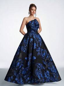 Women's Elegant 3D Floral Decor Strapless High Waist Maxi Evening Dress Wedding Party - Navy Blue - View 2