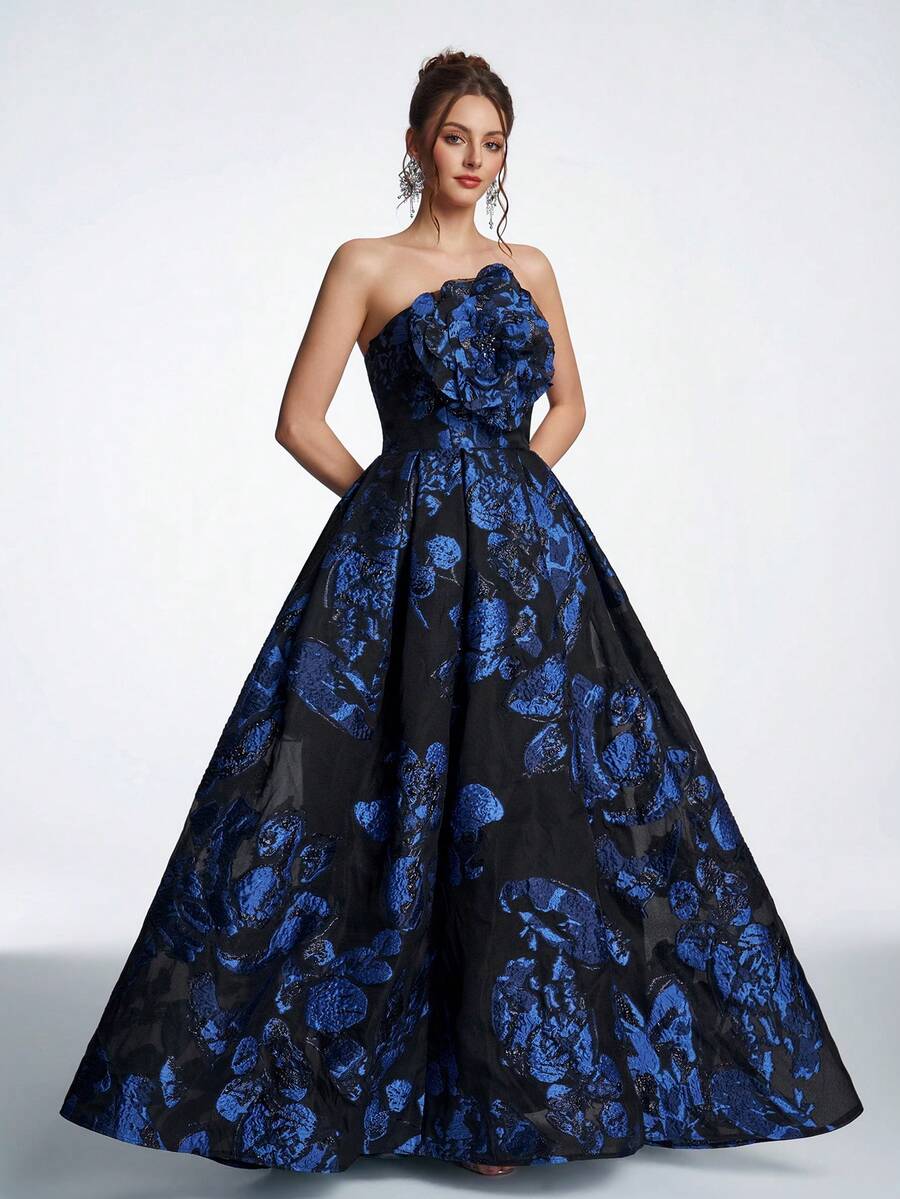 Women's Elegant 3D Floral Decor Strapless High Waist Maxi Evening Dress Wedding Party