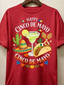 Happy Cinco De Mayo Unisex Cotton T-Shirt Vintage Cartoon Mexican Fiesta Graphic Margarita Taco Cactus Maraca Cinco De Mayo Party Daily Casual Wear Top - Đỏ - Xem 1