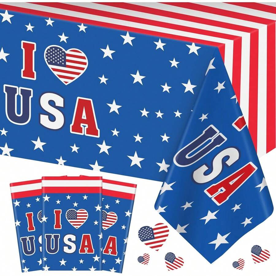 Paquete de 3 manteles patrióticos del 4 de julio – I LOVE USA - Mantel de plástico desechable con bandera americana para decoraciones del Día de la Independencia del 4 de julio, suministros de fiesta, - 1 - Ver 1