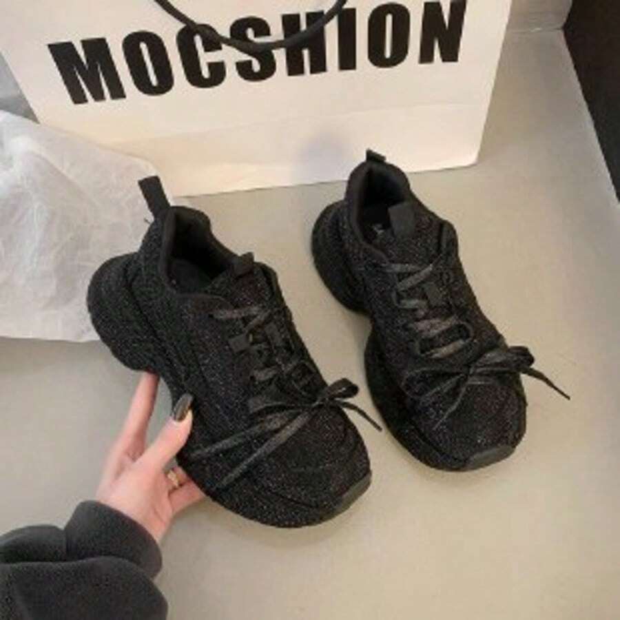 Rhinestone Embellished Chunky Sneakers, New Fashionable Lace-Up Casual Shoes For Women - Black - View 1