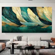 1 pieza de Arte Moderno en Lienzo con Plumas Verde Azulado y Doradas - Pintura Abstracta Turquesa-Verde-Azurada, Marco Envolvente Listo-para-Cuelgar para Hogar Oficina Sala Dormitorio Decoración Eleganteregalo Ideal o Navideño (Tonos Teal-Dorados-Negros-Marrón) – Liesto 2D plano Vibrante Amarelo-Averdoso-Douraduras Estilo Contemporáneo Décor Interior PerfectoparaArtesModernaspaciosCreativosGranLientoDecoraCuartelPaintingenLiendodearte - Enmarcado - Ver 3