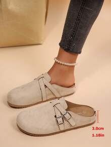 Women's Suede Dual-Tone Buckle Slide Sandals, Casual Slip-On Mules For Summer - Apricot - View 5