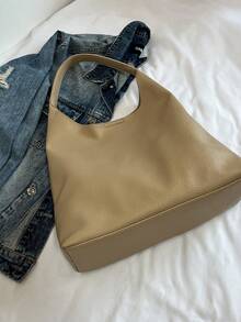 2026 New Solid Color Fashionable Commuter Tote Bag, Minimalist Niche Design Underarm Bag, Stylish Large Capacity Shoulder Bag - Khaki - View 8