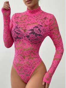 Women's Long-Sleeved Bodysuit With Comfortable Sheer Lace - Hot Pink - View 2