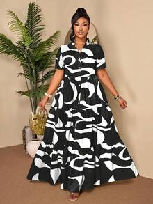 BIUBIU 大码女士抽象印花长连衣裙，短袖，纽扣细节，黑白荷叶边下摆，V领，度假风长裙 - 黑色 - 查看 3