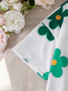 2pcs Girls Casual Floral Print Dropped Shoulder Short Sleeve Top And Elastic Waist Shorts Set, Spring/Summer - Green - View 5