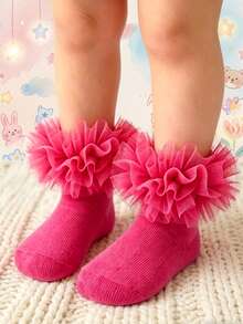 1 par de calcetines de malla con volantes esponjosos para niñas, calcetines de princesa con pliegues lindos, uso diario cómodo y transpirable - Rosa Fucsia - Ver 6