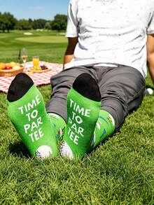 1 par de calcetines de media caña con diseño de carrito de golf para hombres, diseño de campo de golf verde, regalo de golf - Multicolor - Ver 3