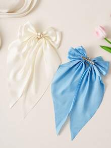 5pcs Set Solid Color Oversized Ribbon Bow Hair Clips, Elegant Pearl Rhinestone Hair Accessories, Satin Duckbill Clips For Ponytail, Suitable For Teenage Girls, Students, Daily, Party, Back To School - Blue - View 3