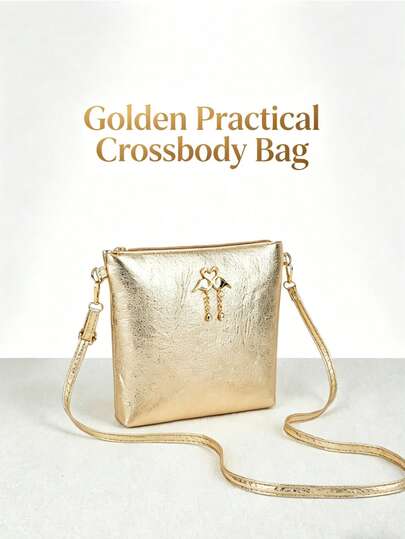 1 Stück Damen Metallic Gold Eimer Umhängetasche, Y2K glänzender Schwan Dekor Schultertasche für Teenager Mädchen, verstellbarer PU Riemen Reißverschluss Handtasche für den täglichen Gebrauch, modischer Streetwear Essenzial, passt für Handy, Bargeld, Schlüssel, ideales Muttertags- oder Geburtstagsgeschenk, perfekt für Party, Urlaub, Date, passt zu allen Outfits