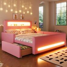 Full Size Bed Frame With Drawer, PU Leather Upholstered Platform Bed With LED Lights For Girls, Princess Bed With Safety Guardrail, Headboard With USB Ports, No Box Spring Needed, Pink - Full Size-Pink - View 2