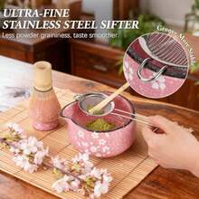Matcha Whisk Set 7 PCS Ceramic Matcha Sets With Bowl Bamboo Whisk And Holder Towel Sifter Bamboo Scoop Scoop Rest Christmas Gifts For Tea Lovers Birthdays New Year Gifts For Women Mom - Pink - View 6