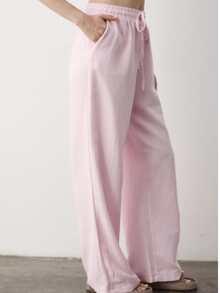 Women Linen Blend High Waist Drawstring Wide Leg Pants Casual Summer Loose Fit Trousers - Pink - View 5