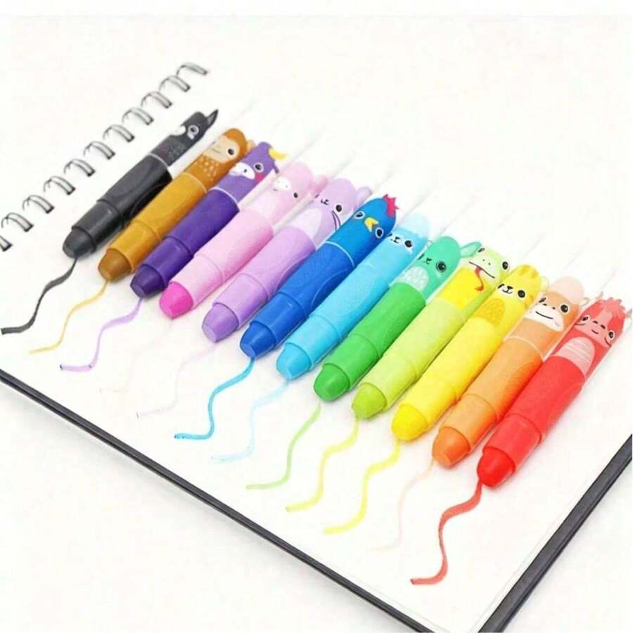 1pc Cute Large Wax Crayon, 12pcs Rotatable & Washable Smooth Large Wax Crayons Suitable For Doodle & Painting - Multicolor - View 1