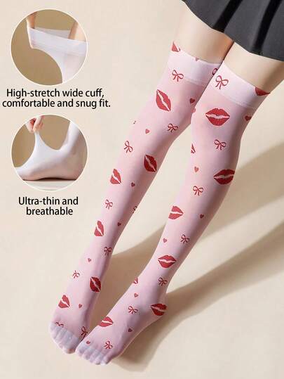 1 Pair / 2 Pairs 360 Printed Red Lip & Bow Tie Sheer Thigh High Stockings, Lightweight Breathable High Elasticity Non-Binding Leg, Sweet Girl JK Style Leg Protector