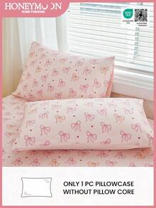 1pc Cute Romantic Pink Bow & Heart Print Pillowcase, Soft Fabric, Suitable For Home, Dorm, Sofa Cushion, Car Pillow, All Seasons, Oeko-Tex Certified - Multicolor - View 1