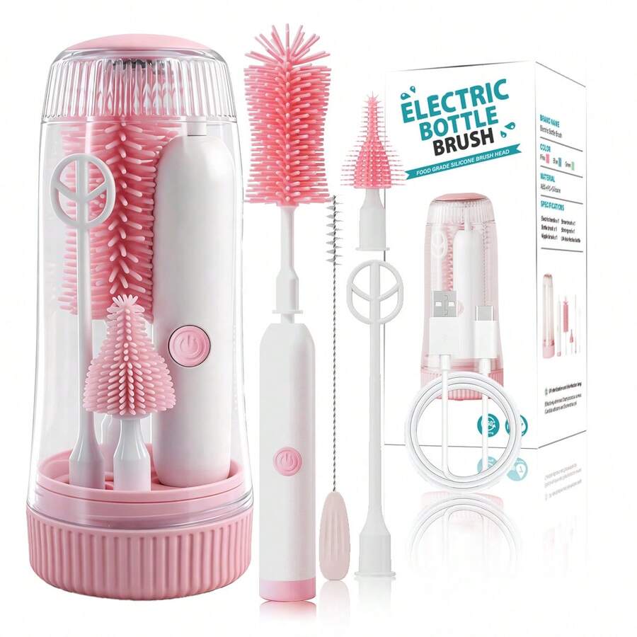 Electric Baby Bottle Brush Set With UV Sterilization, Portable Silicone Cleaner Kit With 4 Brush Heads & Storage Box For Travel - Pink - View 1