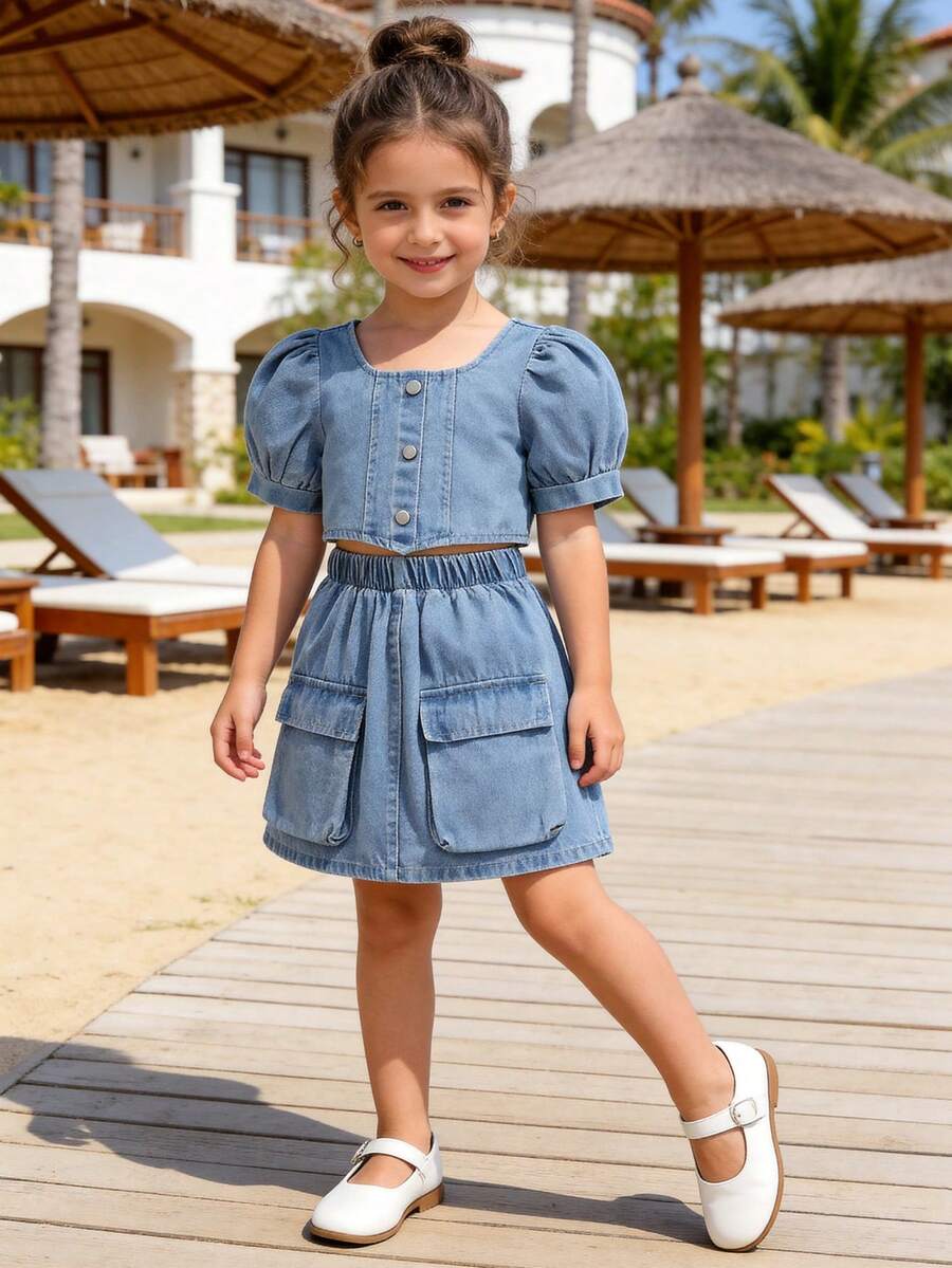Set de 2 piezas de camiseta con mangas abullonadas y falda vaquera estilo retro Y2K casual para niñas pequeñas, adecuado para exteriores, viajes, playa, fiestas de cumpleaños, vuelta al colegio, primavera/verano - Lavado ligero - Ver 1