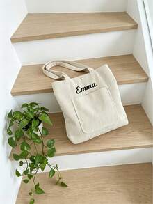 Túi tote denim cá nhân hóa, túi tote in tên theo yêu cầu, túi tote thêu tên có ngăn, túi đeo vai họa tiết chữ cái, túi công sở hàng ngày, quà tặng cho nữ. - Nhiều màu - Xem 10