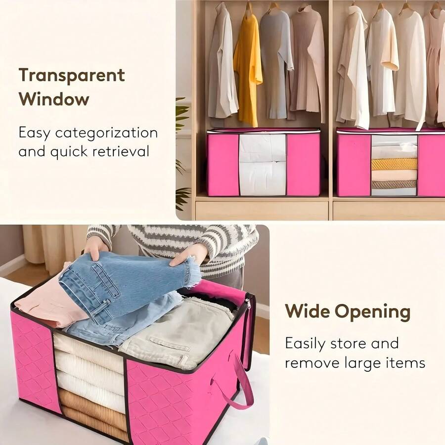 3pcs Foldable Home Storage Bags, Household Organizer For Clothes, Bedding, Sweaters, Pillows And Closet Storage - Pink - View 1