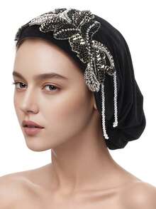 1 chiếc mũ nữ thêu đính cườm thủ công, thích hợp để đội hàng ngày. - Đen 1 - Xem 1