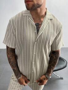 男士条纹短袖纽扣休闲衬衫，夏季 - 綠色 - 查看 7