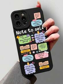 Cute Cartoon Ins Vibes Slogan Pattern Liquid Mobile Phone Case Full-Body Protection Shockproof Anti-Fall TPU Soft Rubber Case For IPhone11/12/13/14/15/15pro/15 Plus/15 Promax/11pro/12pro/13pro/14pro/11promax/12promax/13promax/14promax/14plus - Black - View 3