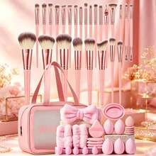 50件套化妆工具套装包含：25支化妆刷套装+1个多功能防水拉链化妆包+5个化妆海绵+5个迷你化妆海绵+5个三角粉扑+5个迷你气垫粉扑+1个化妆刷清洁工具+2条洗脸盆挂带+1个发带 - 粉色 - 查看 11